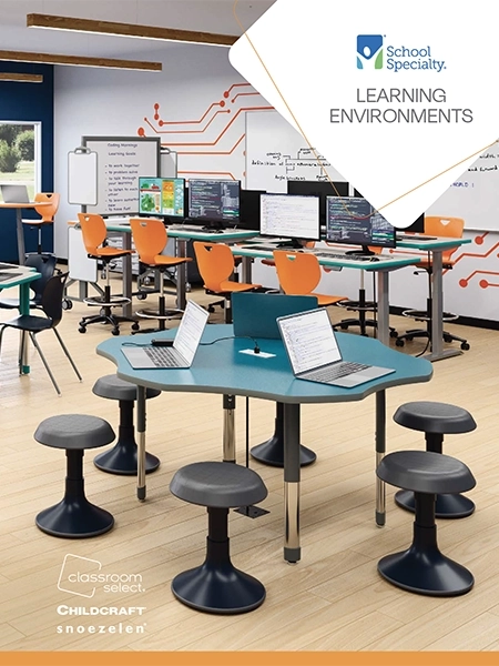 Modern classroom with hexagonal table, wobble stools, and collaborative learning furniture from School Specialty.